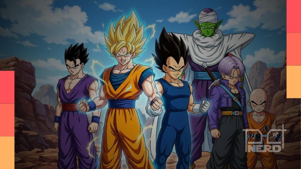 Ilustração temática de Dragon Ball Super com Goku e ícones de remaster e nova saga