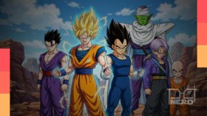 Ilustração temática de Dragon Ball Super com Goku e ícones de remaster e nova saga