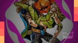Imagem temática de JoJo Steel Ball Run com estrada e elementos musicais sugerindo “Outdated City Highway” e “A Horse With No Name”.
