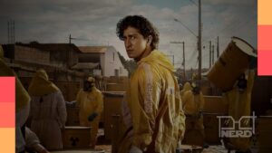 Imagem temática com símbolo radioativo e elenco de séries de desastresalt