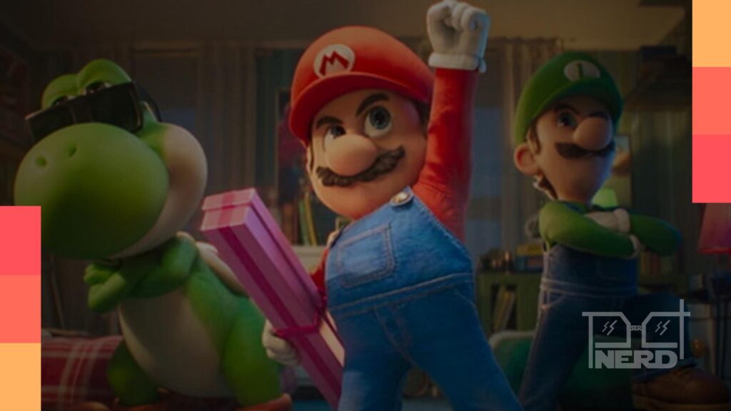 Céu espacial com Mario em destaque, referências visuais sugerindo crossover no final de Super Mario Galaxyalt