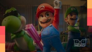 Céu espacial com Mario em destaque, referências visuais sugerindo crossover no final de Super Mario Galaxyalt