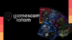 Credenciais da gamescom latam 2026 com LEGO Batman e personagens como Mulher-Gato, Senhor Frio, Coringa e Hera Venenosa