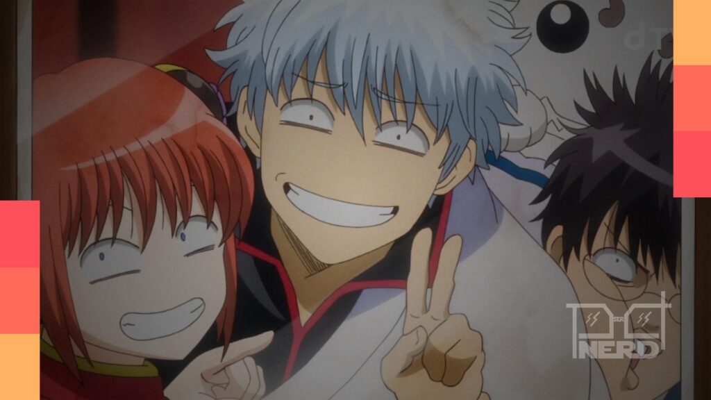Ilustração temática de Gintama celebrando 20 anos, com Gintoki, Shinpachi e Kagura em estilo de comemoração geek
