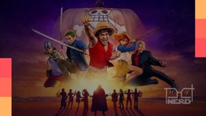 Pessoas assistindo live-actions de anime na Netflix com estética shounen inspirada em One Piece