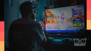 Ilustração de um carro autônomo com circuito de IA ao lado de um bloco de Tetris