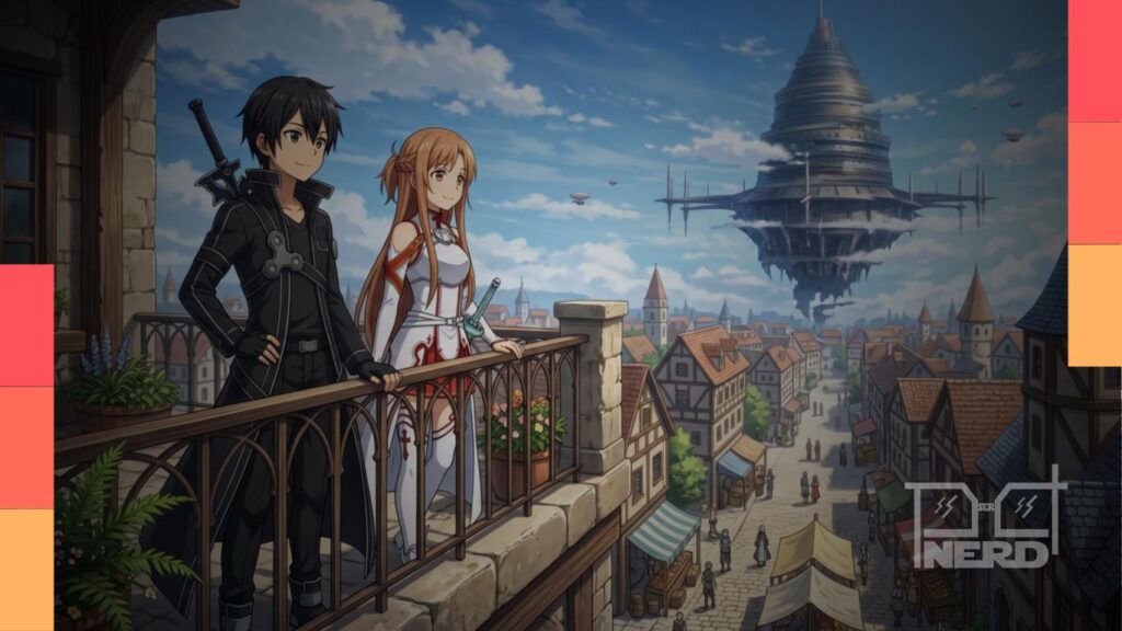 Protagonista comum em portal para um mundo medieval com magia e criaturas perigosas, representando o gênero isekai no streaming.