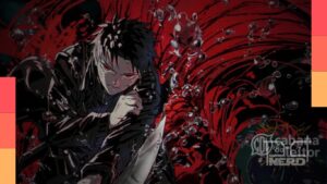 Ilustração do anime Kagurabachi com Chihiro Rokuhira empunhando a lâmina Enten e atmosfera sombria