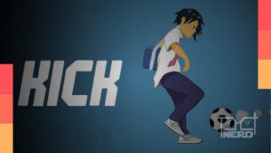 Ilustração de Kick no Steam com uma bola de futebol e obstáculos na cidade em estilo anime, clima cozy e nostálgico