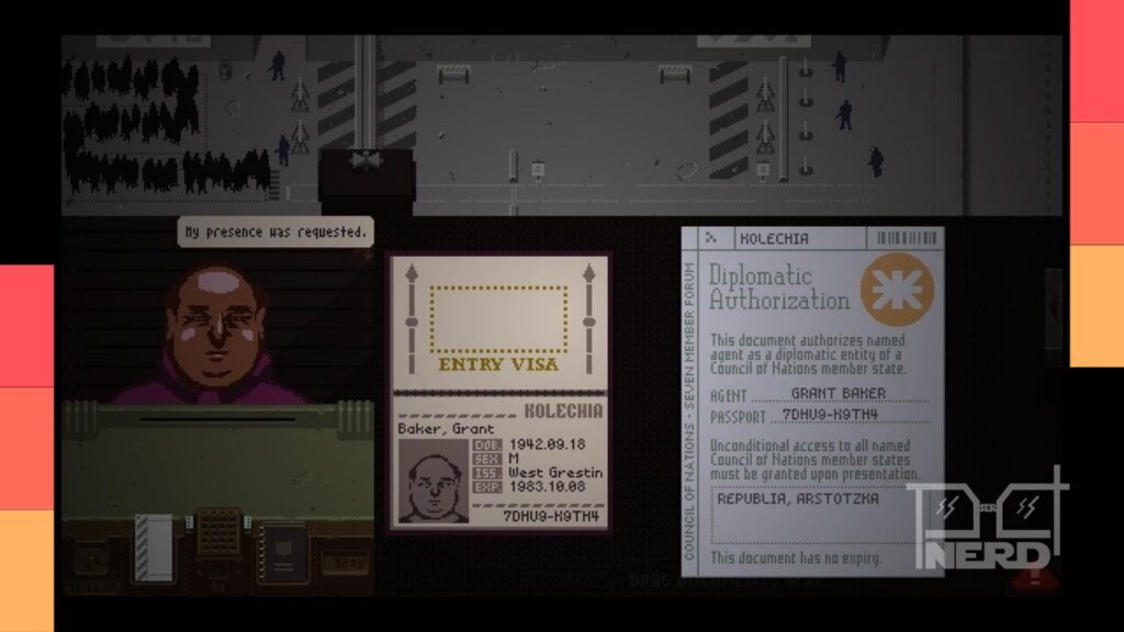 Ilustração inspirada em Lucas Pope com atmosfera de mistério, referência a Papers, Please e The Return of the Obra Dinn