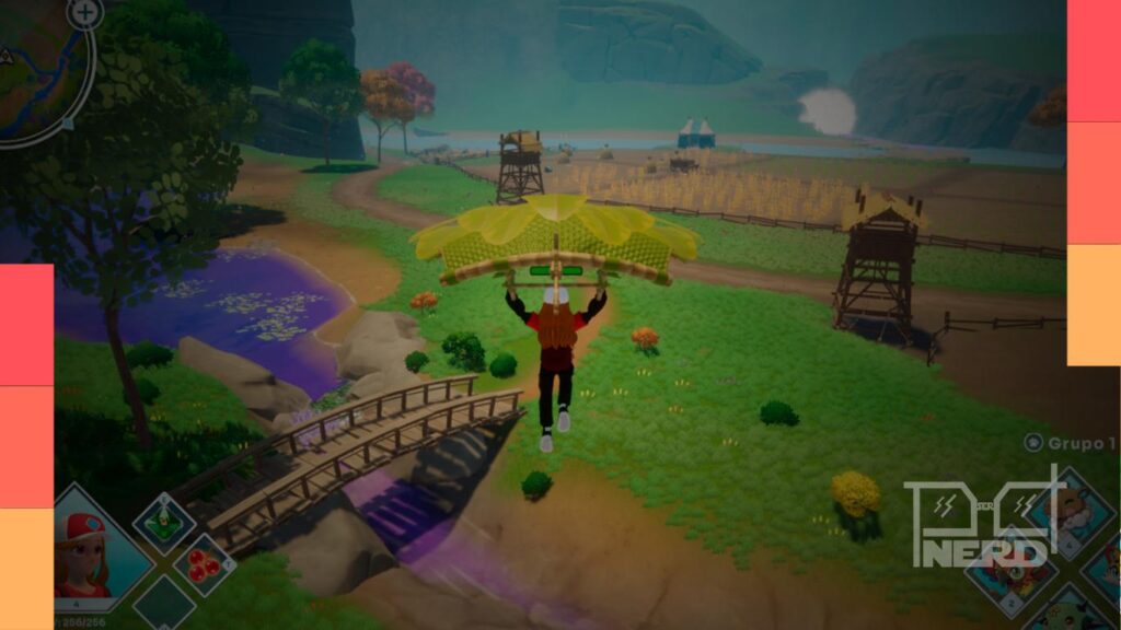 Personagem explorando bioma colorido em Lugh World com um Lugh ao lado, durante acesso antecipado.