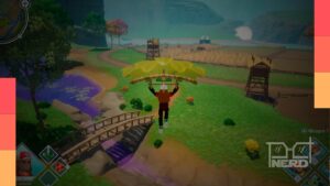 Personagem explorando bioma colorido em Lugh World com um Lugh ao lado, durante acesso antecipado.