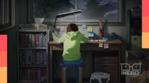 Ilustração com personagens de anime estilo moderno ao lado de gráficos de crescimento e um mapa-múndi para simbolizar exportações