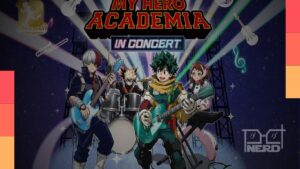 Ilustração promocional de My Hero Academia: In Concert com orquestra ao vivo e temática de heróis