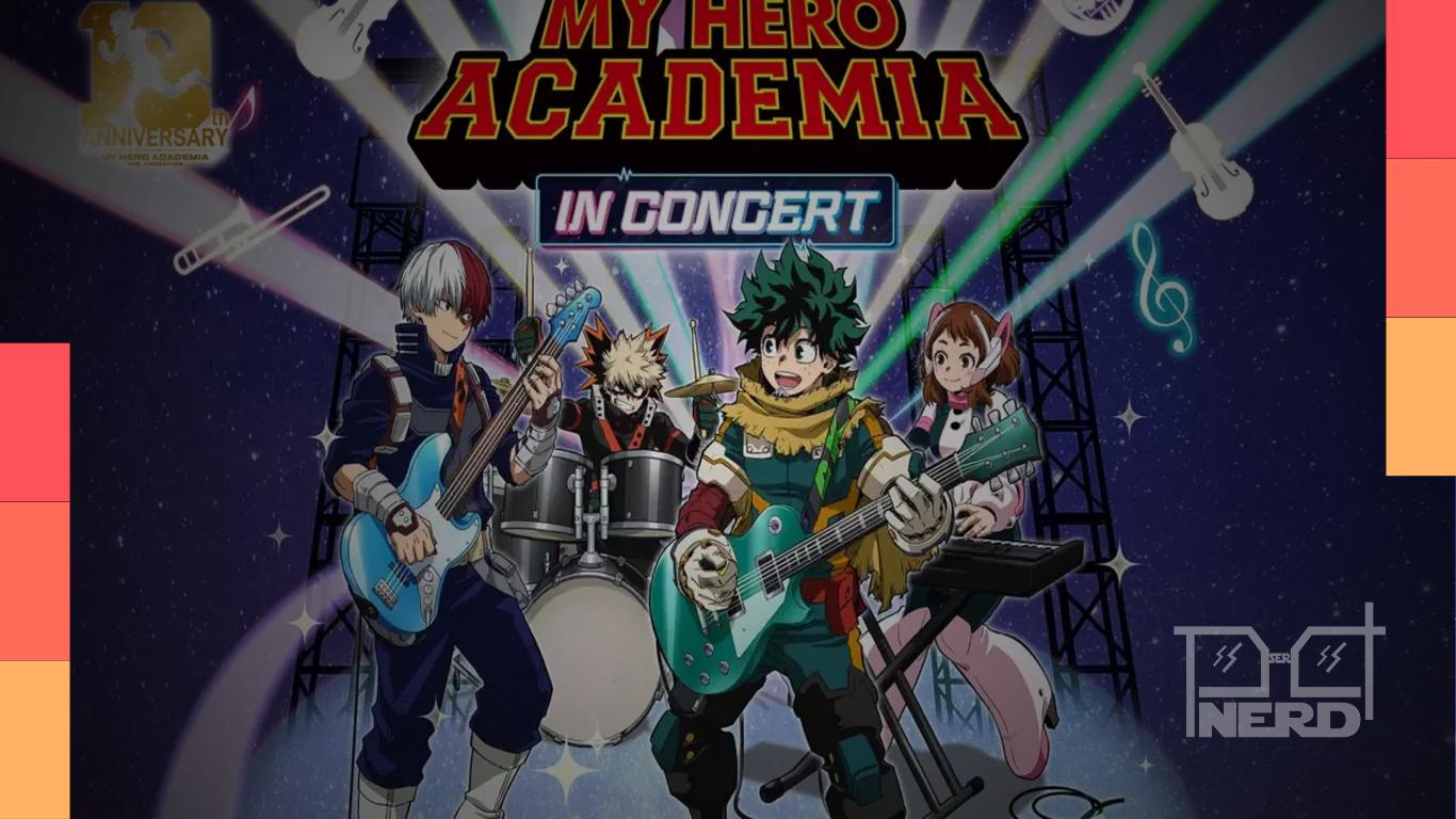 Ilustração promocional de My Hero Academia: In Concert com orquestra ao vivo e temática de heróis