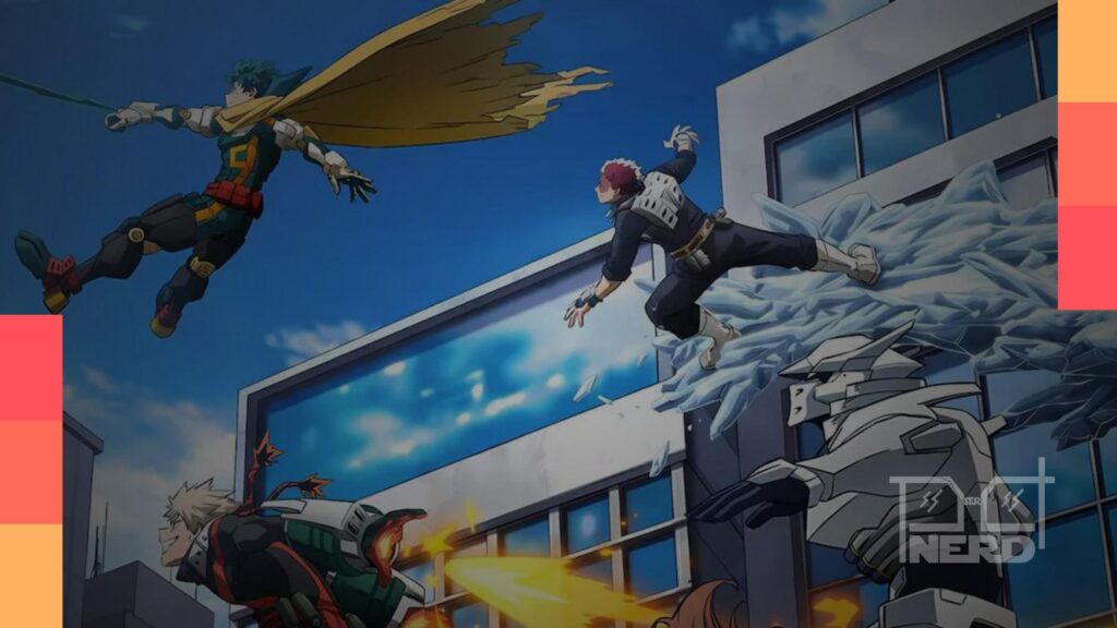 Duas artes promocionais de My Hero Academia para o episódio final “More”, mostrando U.A. no passado e heróis adultos no futuro.