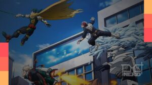 Duas artes promocionais de My Hero Academia para o episódio final “More”, mostrando U.A. no passado e heróis adultos no futuro.