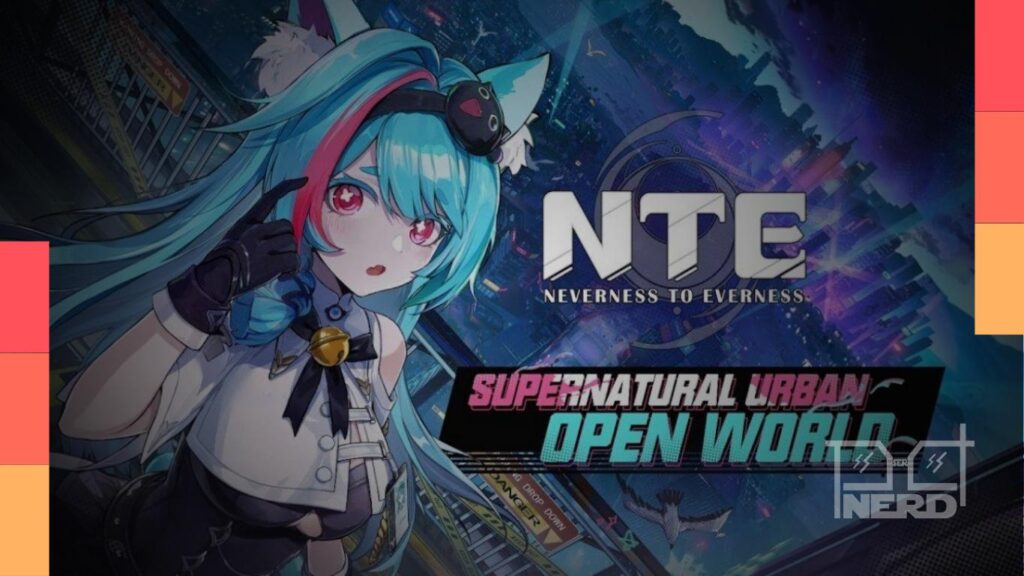 Jogador em Neverness to Everness (NTE) dirigindo em uma metrópole estilo anime e tela de códigos de resgate