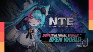 Jogador em Neverness to Everness (NTE) dirigindo em uma metrópole estilo anime e tela de códigos de resgate