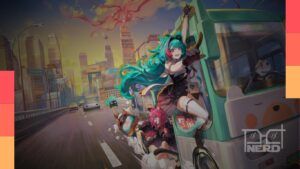 Personagens e banner de gacha em estilo anime no mundo aberto de Neverness to Everness, com estética urbana ao estilo GTA