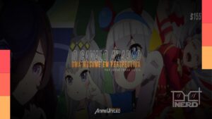 Personagens de Uma Musume em uma corrida no turfe japonês, com atmosfera de evento e pista