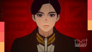 Ilustração de um Japão dividido em três nações, com peças de xadrez e atmosfera de desastre ao fundo, representando Nippon Sangoku.