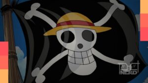 Cena de One Piece com personagens de chapéu de palha e símbolos de resistência contra um governo opressor