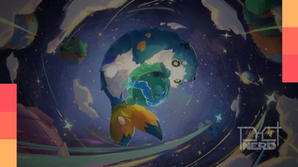 Ilustração de um planeta aconchegante no espaço com a interface de Petit Planet, indicando beta fechado em abril