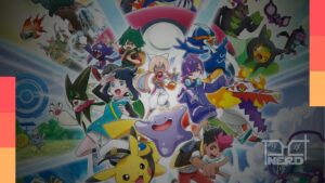 Arte promocional do arco Viagem Maravilhosa de Pokémon: Horizontes com a nova personagem Navi e a presença de Ditto.