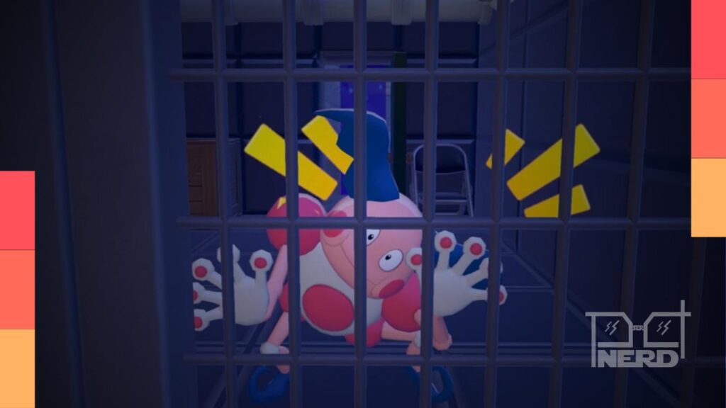 Um Mr. Mime cercado por grades dentro de uma prisão construída por jogadores em Pokémon Pokopia