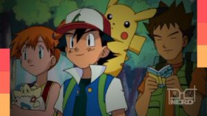 Ilustração com Pikachu ao lado de Ash e uma lista de sagas e filmes de Pokémon para assistir em ordem