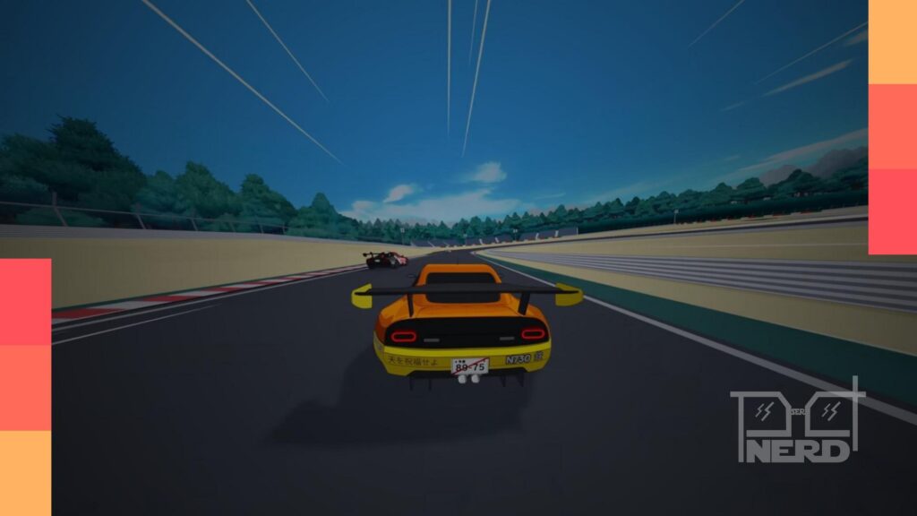 Carro futurista estilo anime acelerando numa pista urbana em Rogue Stradale