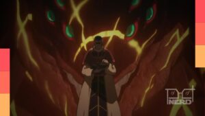 Ilustração estilo anime mostrando um protagonista subindo níveis em um mundo com sistema, monstros ao fundo e interface de RPG ao redor