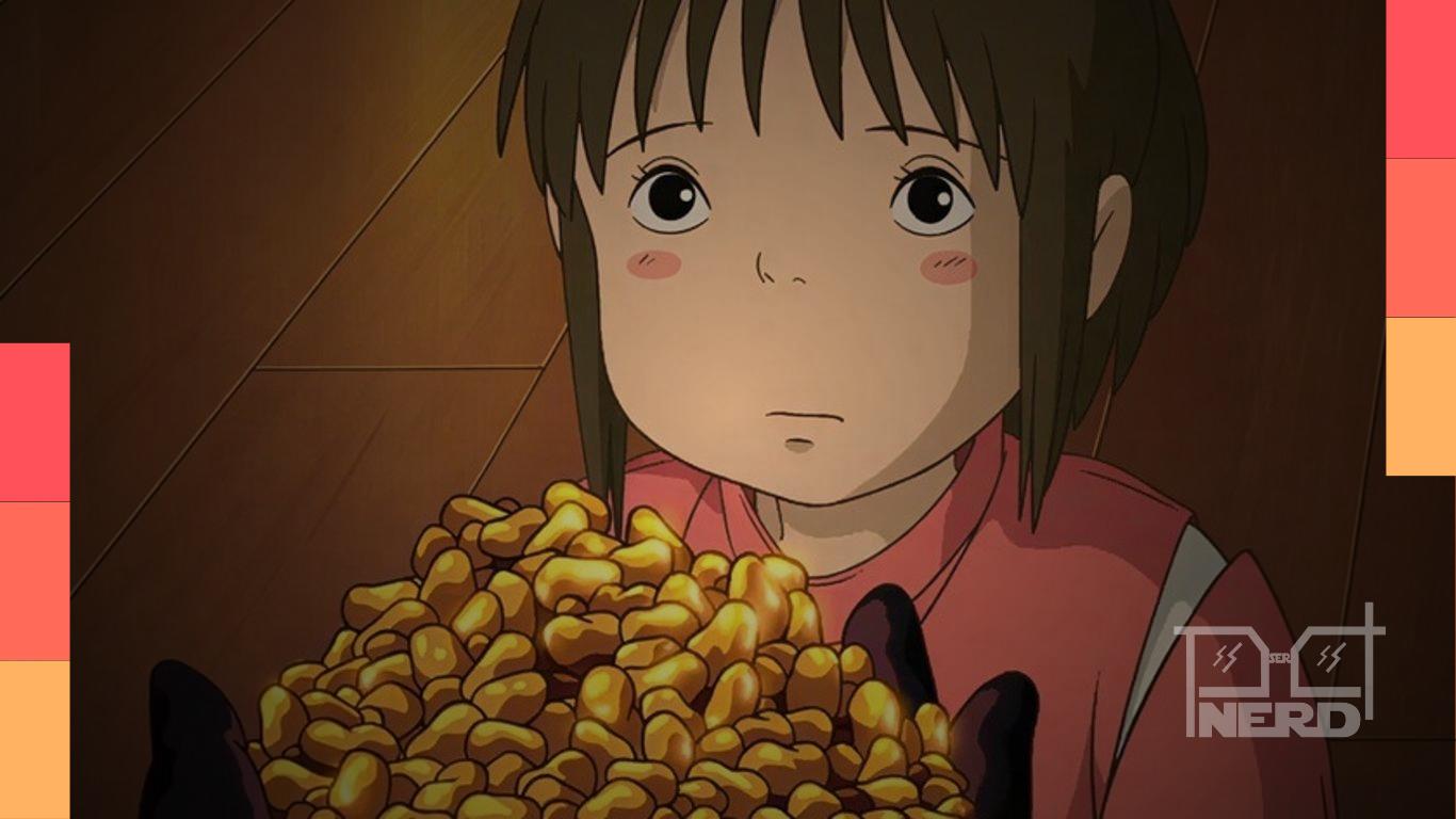 Ilustração do Studio Ghibli em clima misterioso ao lado do gráfico do índice Nikkei e sinais de queda na bolsa japonesa