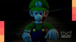 Luigi com expressão assustada em uma mansão assombrada, sugerindo um filme de terror baseado em Luigi’s Mansion