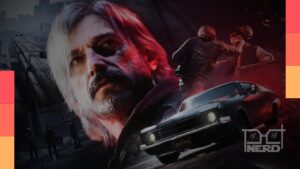 Ilustração de um mundo aberto inspirada em Rockstar, com clima de crime e horizonte urbano ao fundo