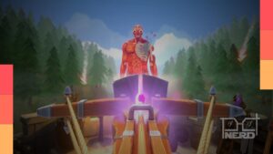 Titã gigante enfrentando cavaleiros em Titan Hunters com clima de Attack on Titan