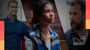 Ilustração temática de séries em destaque: The Boys, Invencível, Treta e Euphoria com estilo geek