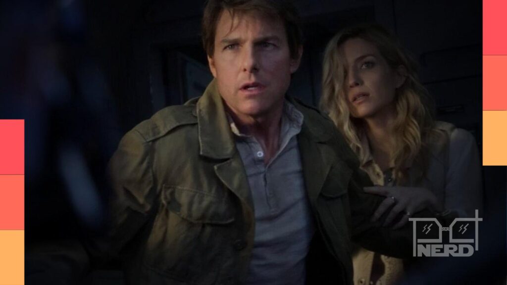 Imagem promocional de A Múmia (2017) com Tom Cruise e referência ao Dark Universe da Universal