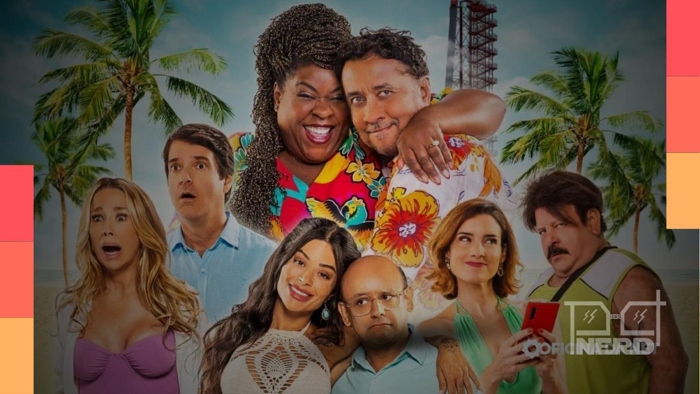 Cartaz de Os Farofeiros (2018) com clima de comédia e confusão entre amigos na viagem de feriado