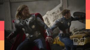 Chris Hemsworth e Chris Evans em cena de Vingadores 5, com Thor e Steve Rogers no reencontro