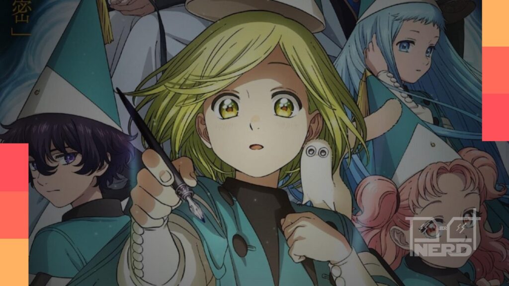 Coco aprendendo magia em Witch Hat Atelier com um grimório brilhando ao fundo