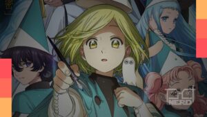 Coco aprendendo magia em Witch Hat Atelier com um grimório brilhando ao fundo