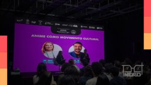 Painel no São Paulo Innovation Week com Roberta Fraissat da Crunchyroll e Raphael Severo falando sobre anime no Brasil