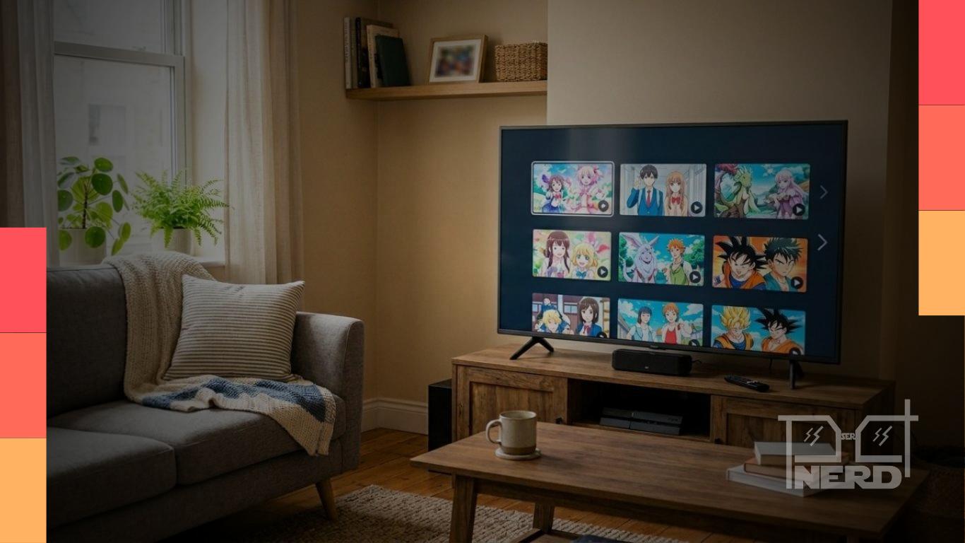 Tela de streaming com animes curtos e efeito de maratona rápida