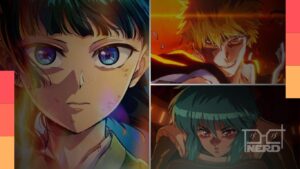 Ilustração com personagens e títulos de animes populares de 2026, destacando Bleach, One Piece e Ghost in the Shell