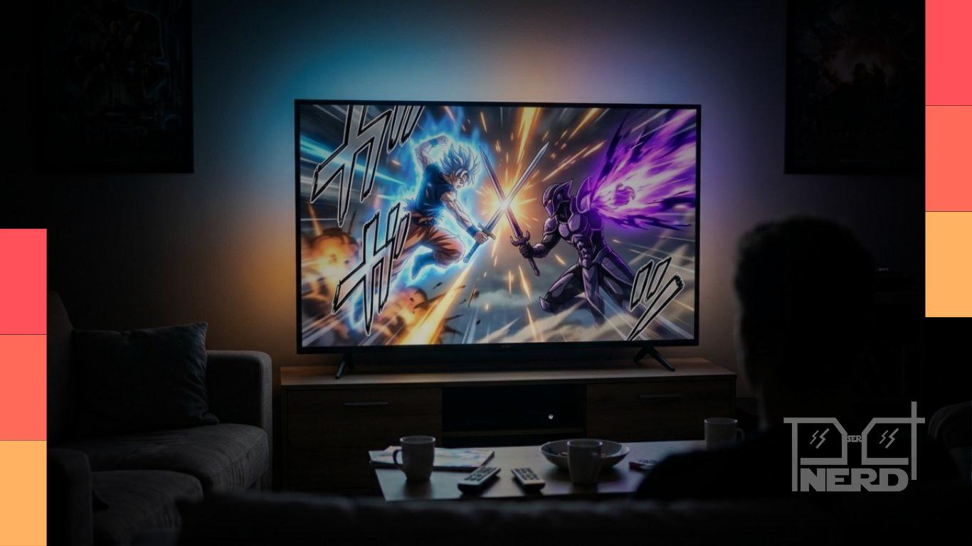 Personagens em combate com efeitos visuais e iluminação dramática, representando coreografias de luta em animes