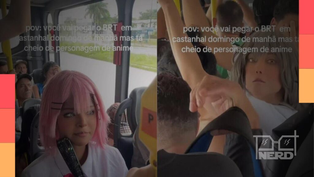 Cosplayers caracterizados como personagens de anime dentro de um ônibus do BRT em Castanhal após o Anime Geek em Belém