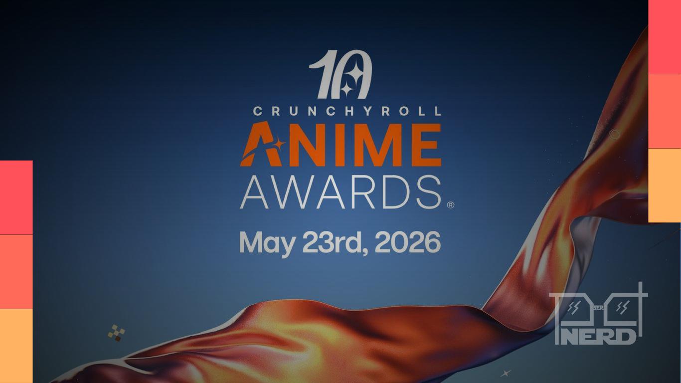Ilustração do Crunchyroll Anime Awards 2026 com destaque para o número 73 milhões de votos e estrelas no palco