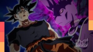 Ilustração com Goku e vilão do arco do Moro, com fãs ao fundo preocupados com mudanças na violência do anime.